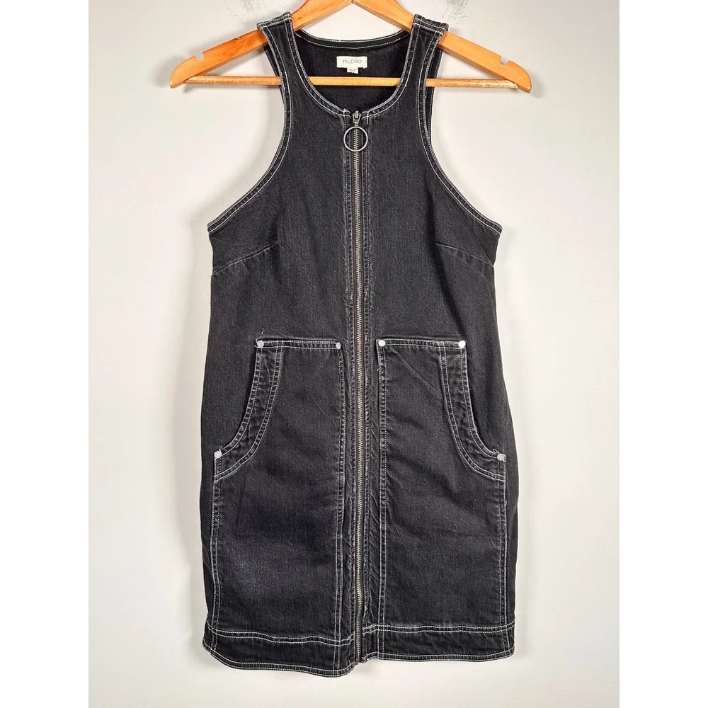 Pilcro Denim Mini Dress Womens 2 Black Zip Front Contrast Stitch Racerback